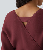 Crossover V Neck Batwing Long Sleeve Belted Mini Casual Jumper Dress — Red Violet — view 6