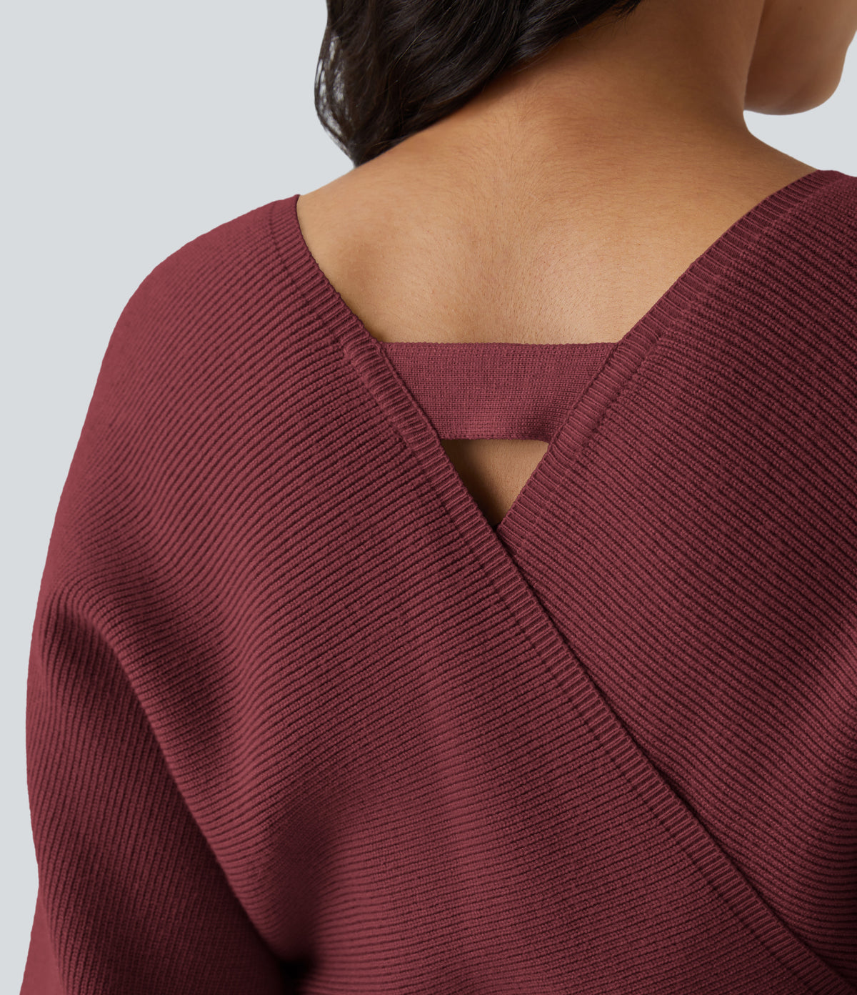 Crossover V Neck Batwing Long Sleeve Belted Mini Casual Jumper Dress — Red Violet — view 6