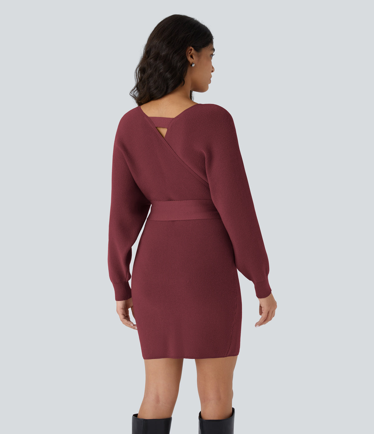 Crossover V Neck Batwing Long Sleeve Belted Mini Casual Jumper Dress — Red Violet — view 3