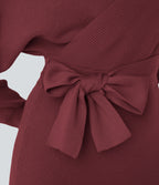 Crossover V Neck Batwing Long Sleeve Belted Mini Casual Jumper Dress — Red Violet — view 5