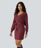 Crossover V Neck Batwing Long Sleeve Belted Mini Casual Jumper Dress — Red Violet — view 4