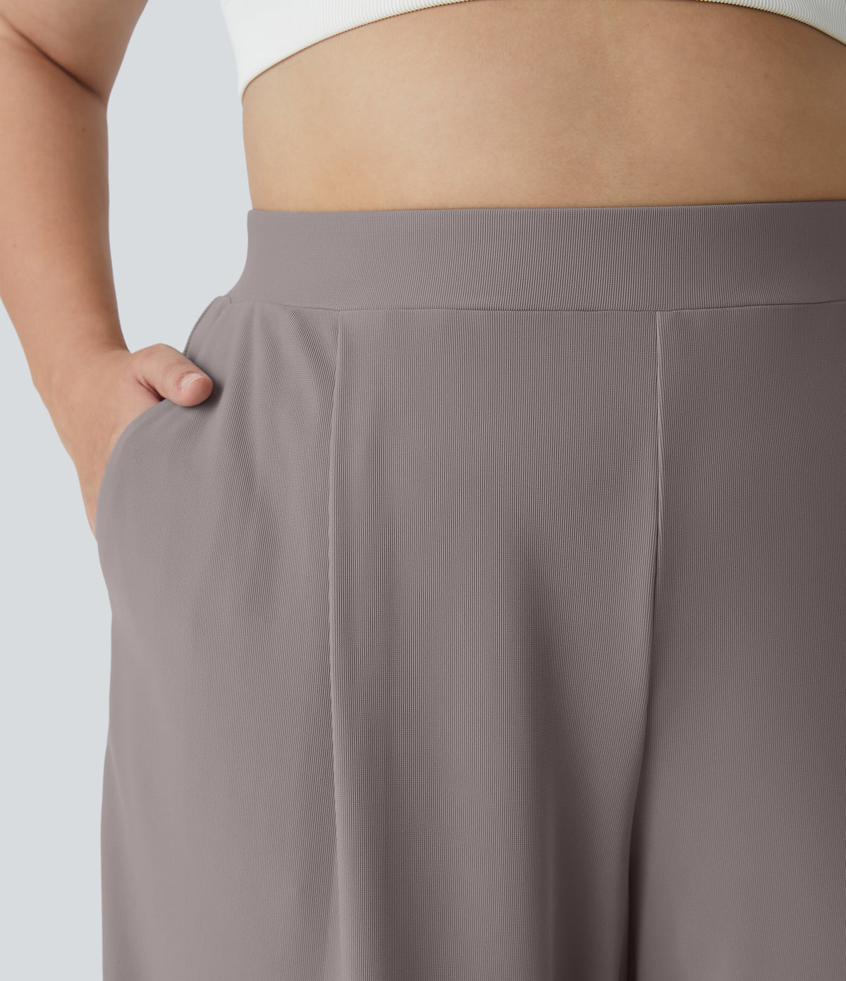 High Waisted Body Sculpt Waist-Slimming Pocket Wide Leg Micro Waffle Plus Size Work Trousers — Satellite — view 4