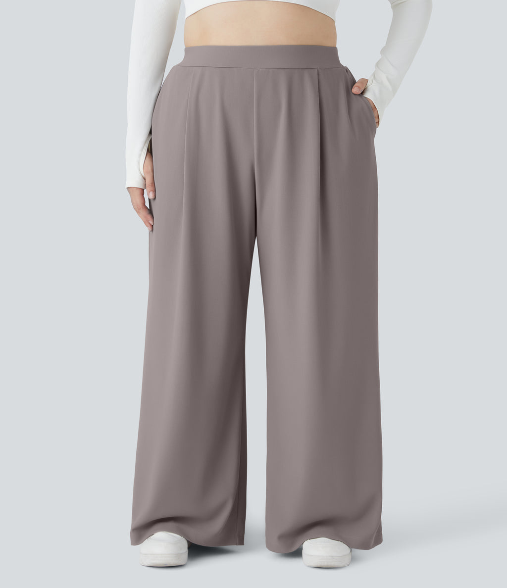 High Waisted Body Sculpt Waist-Slimming Pocket Wide Leg Micro Waffle Plus Size Work Trousers — Satellite — view 3
