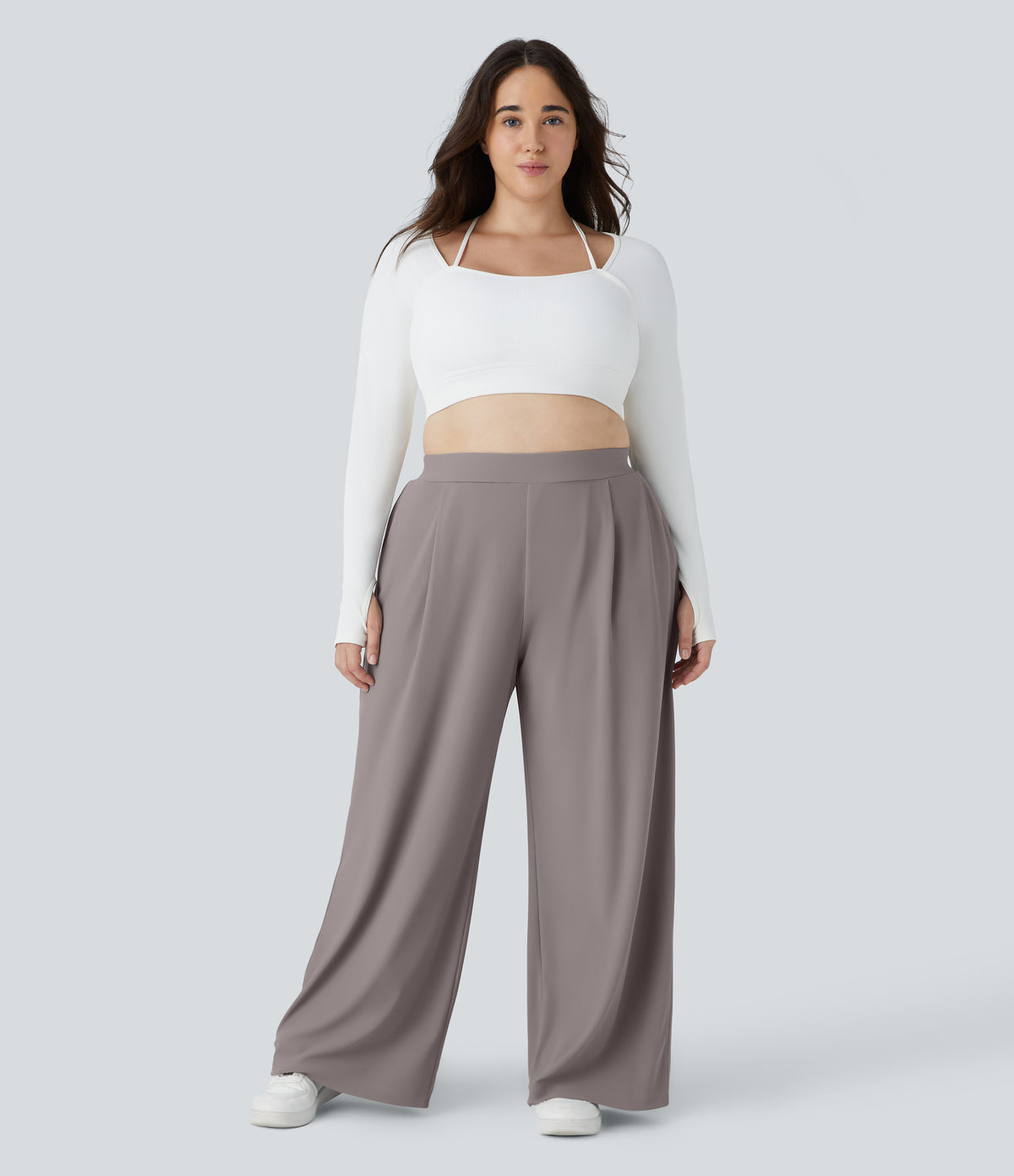High Waisted Body Sculpt Waist-Slimming Pocket Wide Leg Micro Waffle Plus Size Work Trousers — Satellite — view 6