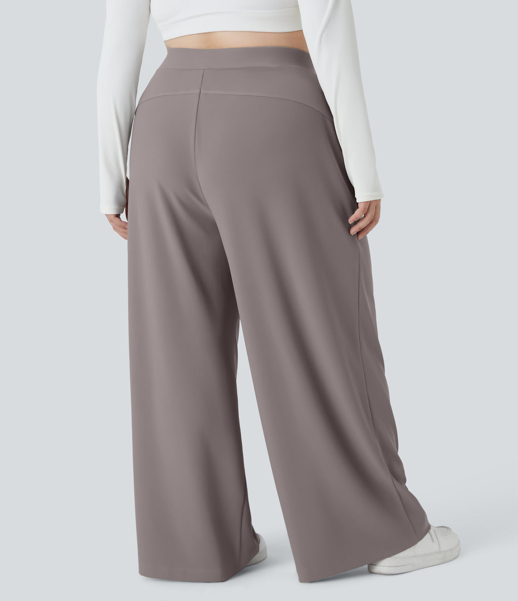 High Waisted Body Sculpt Waist-Slimming Pocket Wide Leg Micro Waffle Plus Size Work Trousers — Satellite — view 2