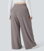 High Waisted Body Sculpt Waist-Slimming Pocket Wide Leg Micro Waffle Plus Size Work Trousers — Satellite — view 2