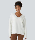 V Neck Long Sleeve Casual Jumper — Star White — view 1
