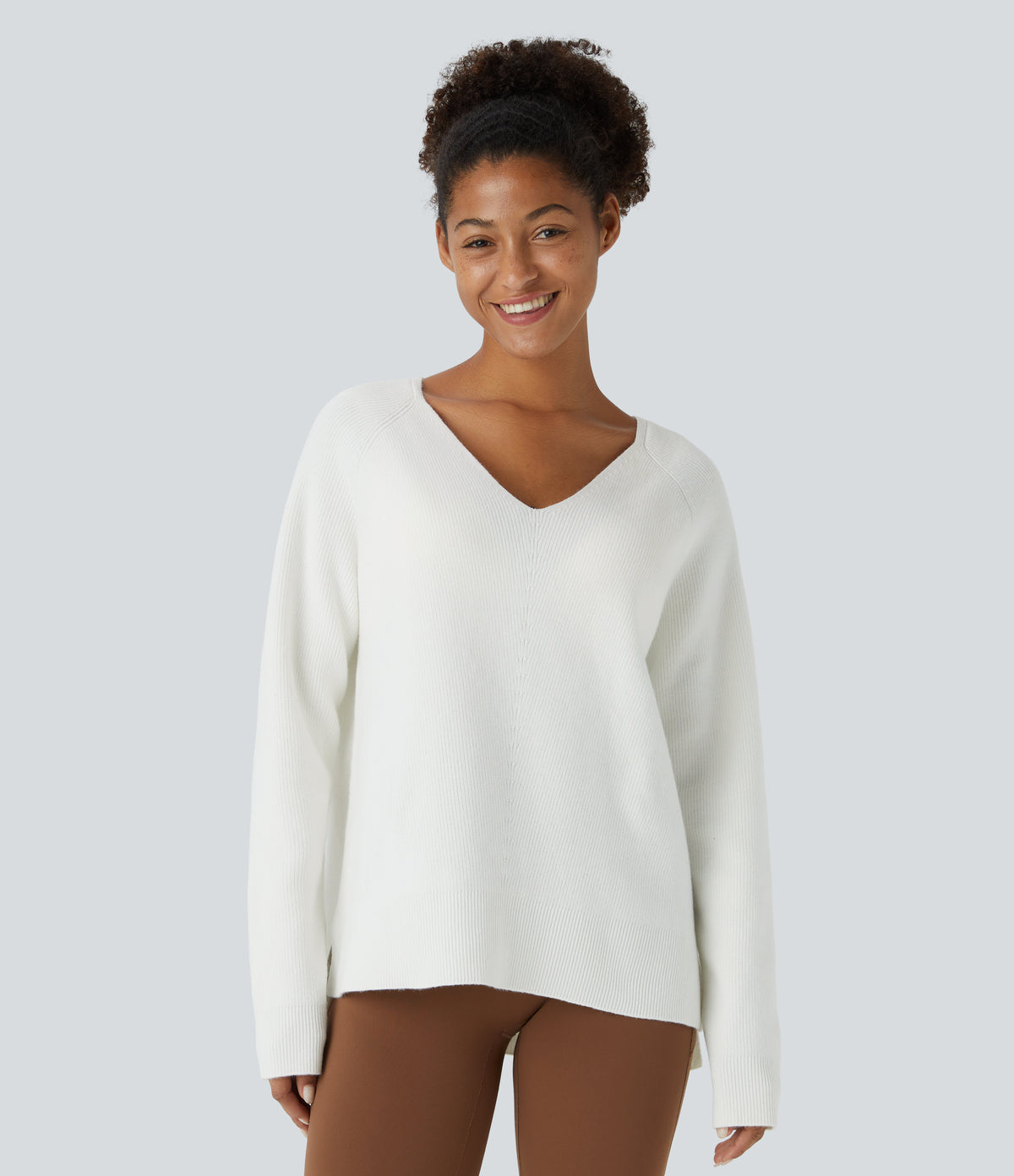 V Neck Long Sleeve Casual Jumper — Star White — view 1