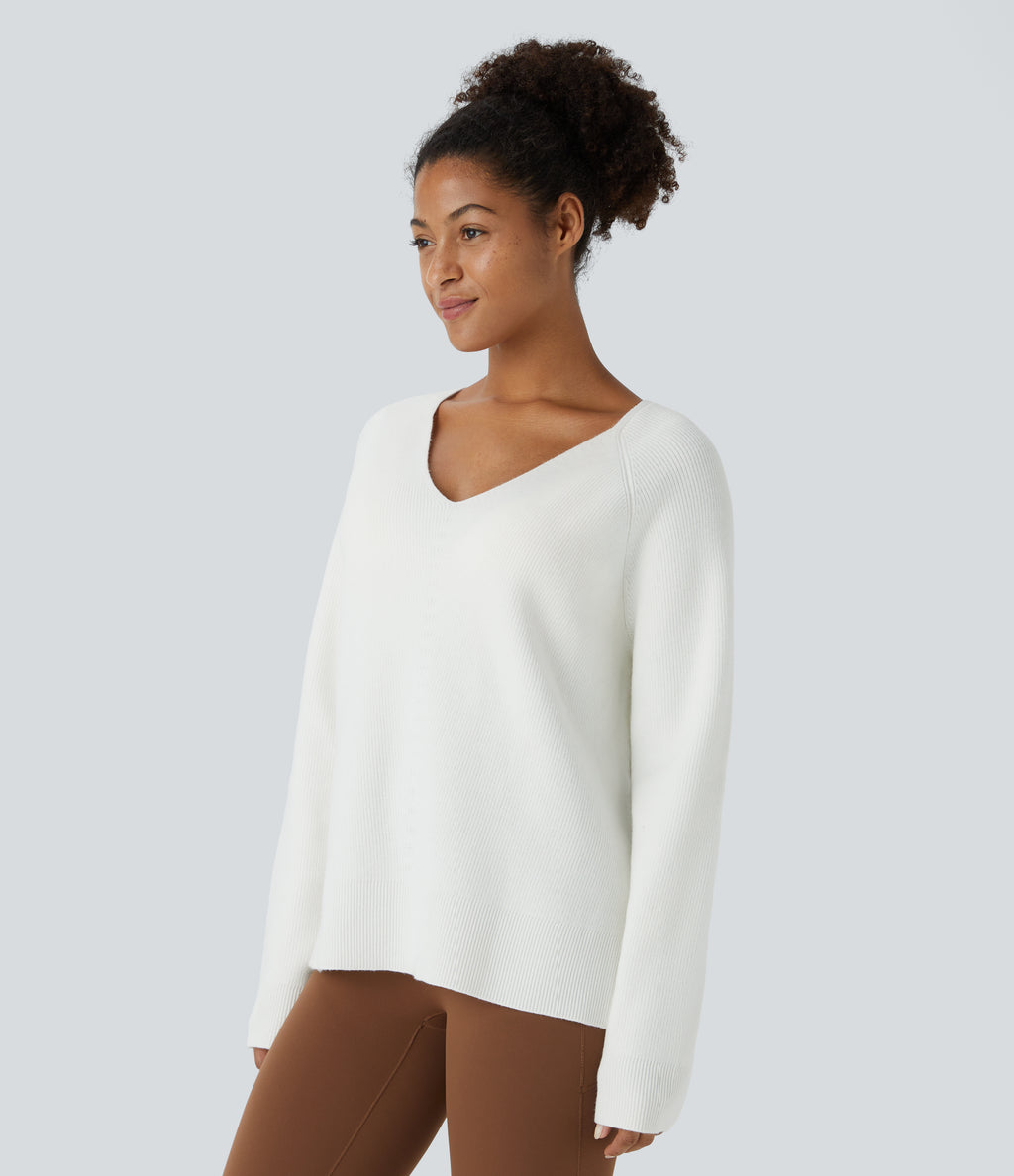 V Neck Long Sleeve Casual Jumper — Star White — view 3