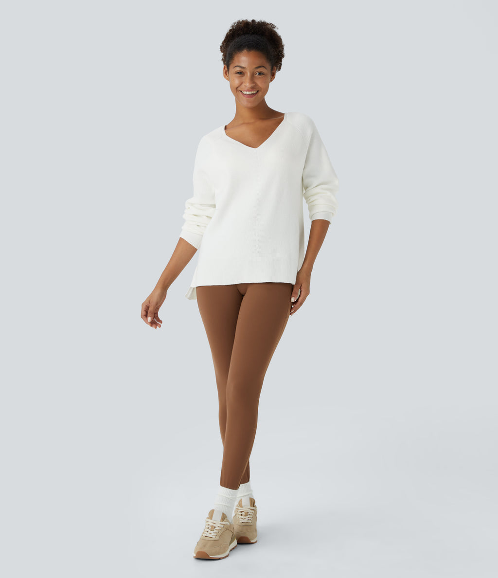 V Neck Long Sleeve Casual Jumper — Star White — view 6