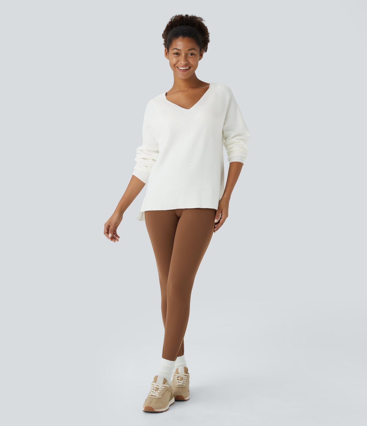 V Neck Long Sleeve Casual Jumper — Star White — view 6