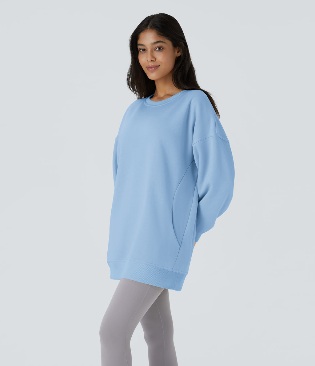 Round Neck Long Sleeve Pocket Oversize Fleece Casual Sweatshirt — Cool Ice Blue — view 3