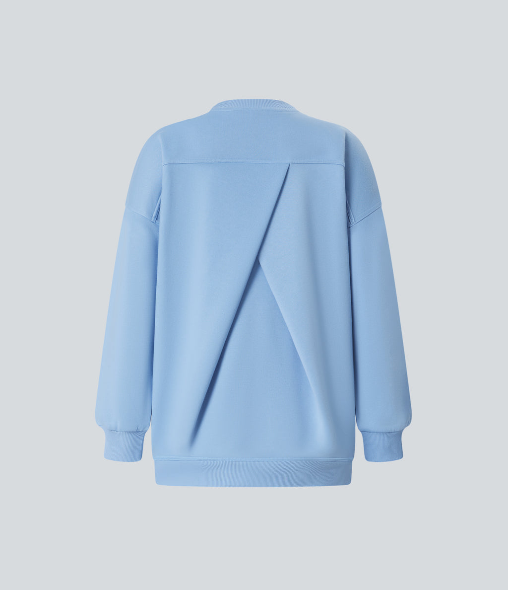 Round Neck Long Sleeve Pocket Oversize Fleece Casual Sweatshirt — Cool Ice Blue — view 8