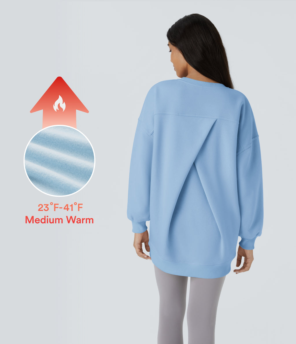 Round Neck Long Sleeve Pocket Oversize Fleece Casual Sweatshirt — Cool Ice Blue — view 1