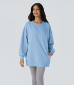 Round Neck Long Sleeve Pocket Oversize Fleece Casual Sweatshirt — Cool Ice Blue — view 2