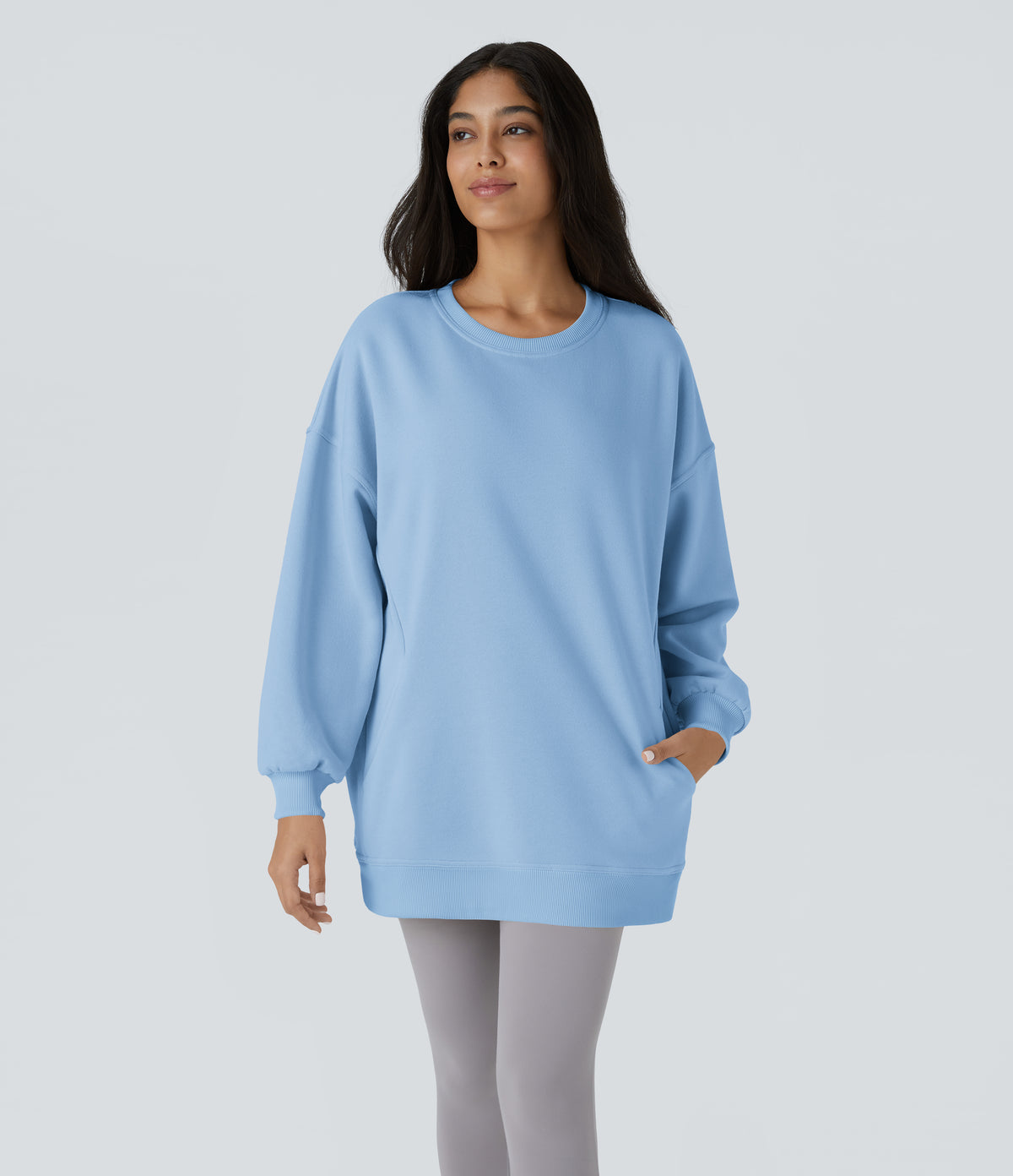 Round Neck Long Sleeve Pocket Oversize Fleece Casual Sweatshirt — Cool Ice Blue — view 2