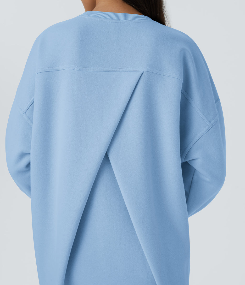Round Neck Long Sleeve Pocket Oversize Fleece Casual Sweatshirt — Cool Ice Blue — view 6