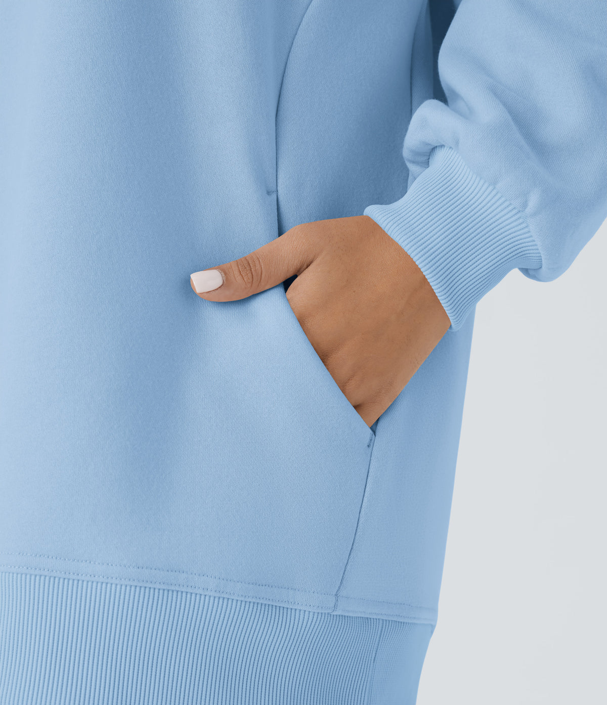 Round Neck Long Sleeve Pocket Oversize Fleece Casual Sweatshirt — Cool Ice Blue — view 5