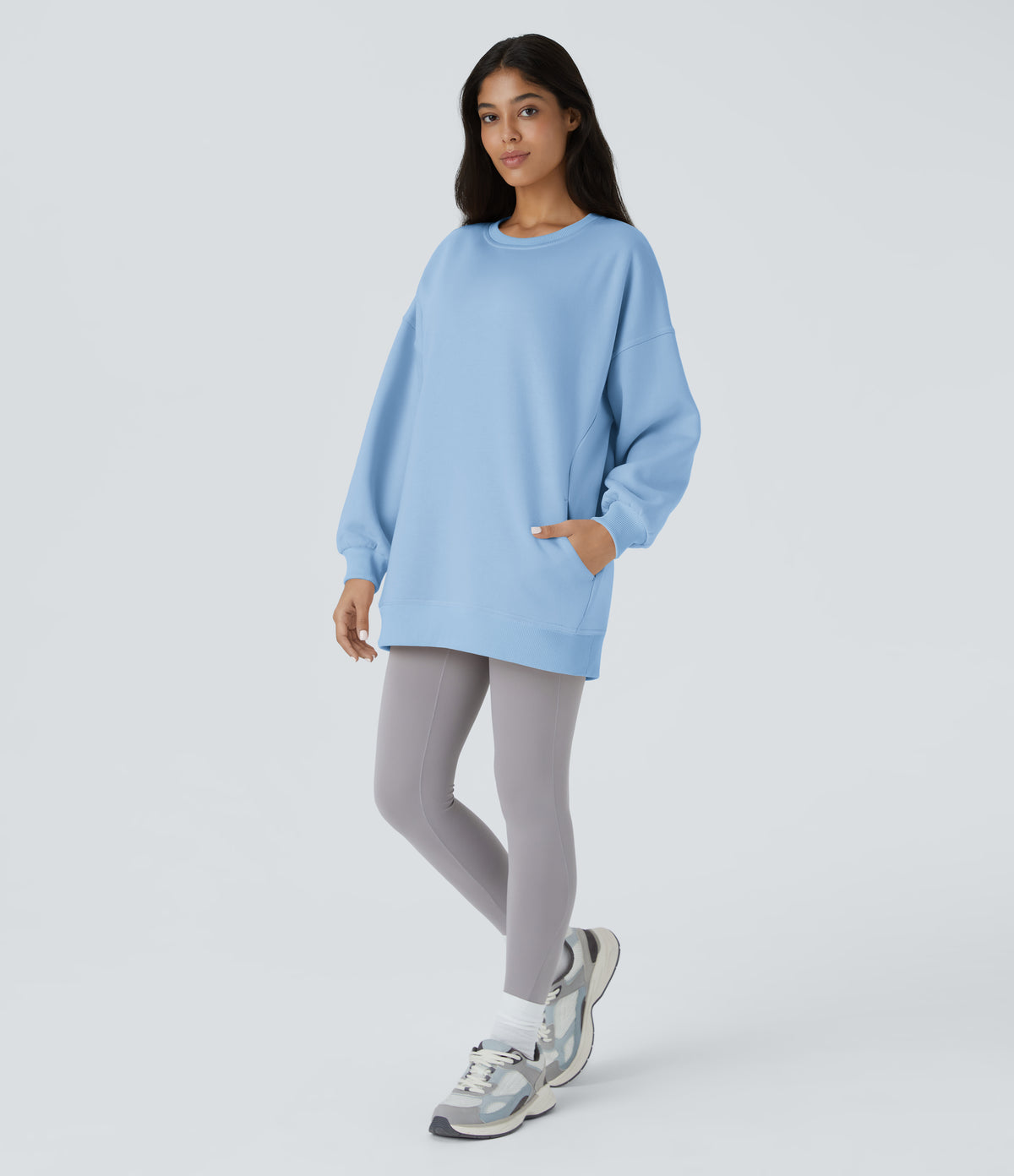 Round Neck Long Sleeve Pocket Oversize Fleece Casual Sweatshirt — Cool Ice Blue — view 7