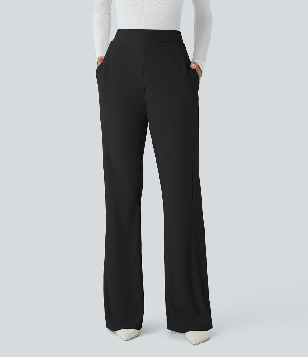 High Waisted Side Pocket Slight Flared Micro Waffle Work Trousers — Black — view 2