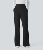 High Waisted Side Pocket Slight Flared Micro Waffle Work Trousers — Black — view 2