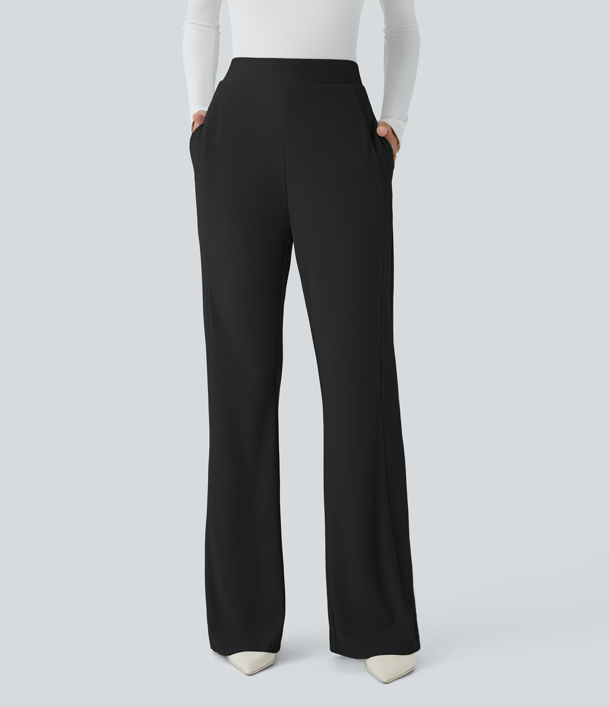 High Waisted Side Pocket Slight Flared Micro Waffle Work Trousers — Black — view 2