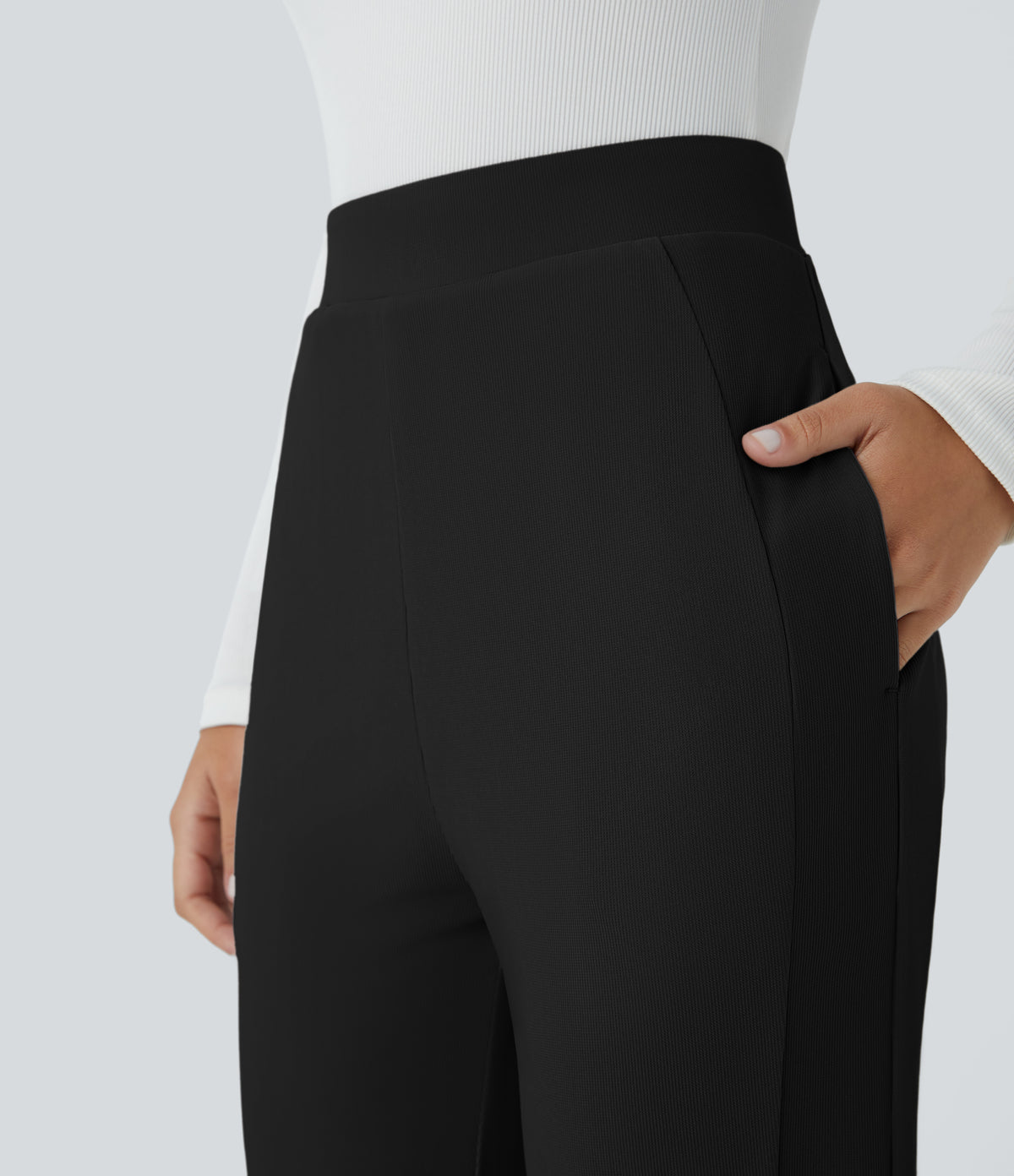 High Waisted Side Pocket Slight Flared Micro Waffle Work Trousers — Black — view 4