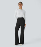 High Waisted Side Pocket Slight Flared Micro Waffle Work Trousers — Black — view 5