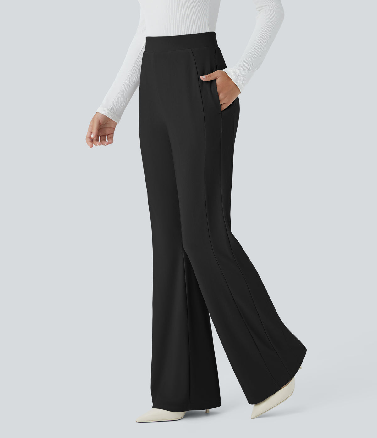 High Waisted Side Pocket Slight Flared Micro Waffle Work Trousers — Black — view 3