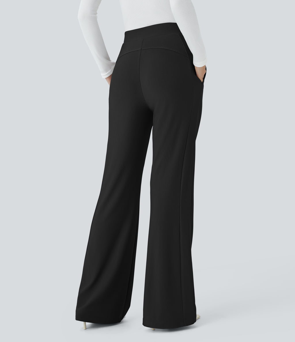 High Waisted Side Pocket Slight Flared Micro Waffle Work Trousers — Black — view 1