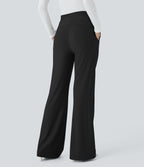 High Waisted Side Pocket Slight Flared Micro Waffle Work Trousers — Black — view 1