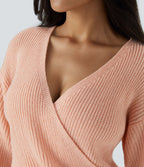 V Neck Dropped Shoulder Long Sleeve Wrapped Relaxed Casual Jumper — Frosty Grapefruit Orange — view 4