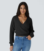 V Neck Dropped Shoulder Long Sleeve Wrapped Relaxed Casual Jumper — Black — view 6