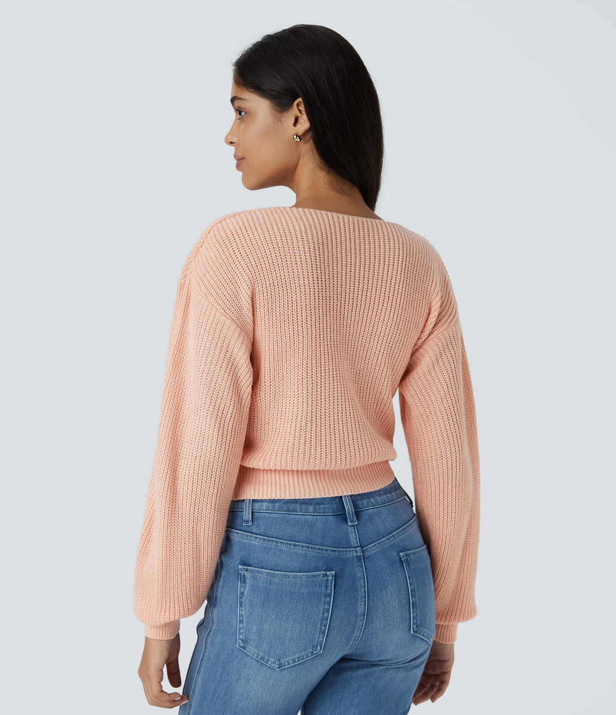 V Neck Dropped Shoulder Long Sleeve Wrapped Relaxed Casual Jumper — Frosty Grapefruit Orange — view 2