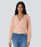 V Neck Dropped Shoulder Long Sleeve Wrapped Relaxed Casual Jumper — Frosty Grapefruit Orange — view 1