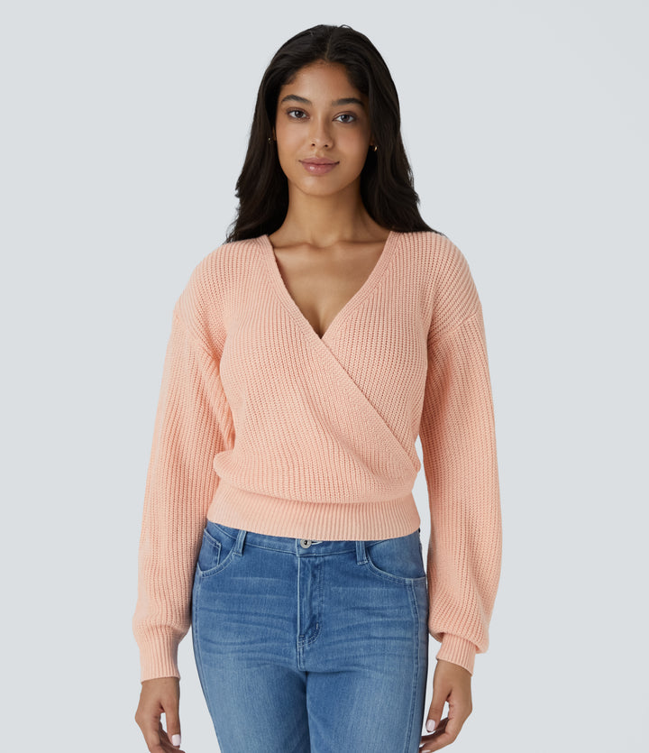 V Neck Dropped Shoulder Long Sleeve Wrapped Relaxed Casual Jumper — Frosty Grapefruit Orange — view 1