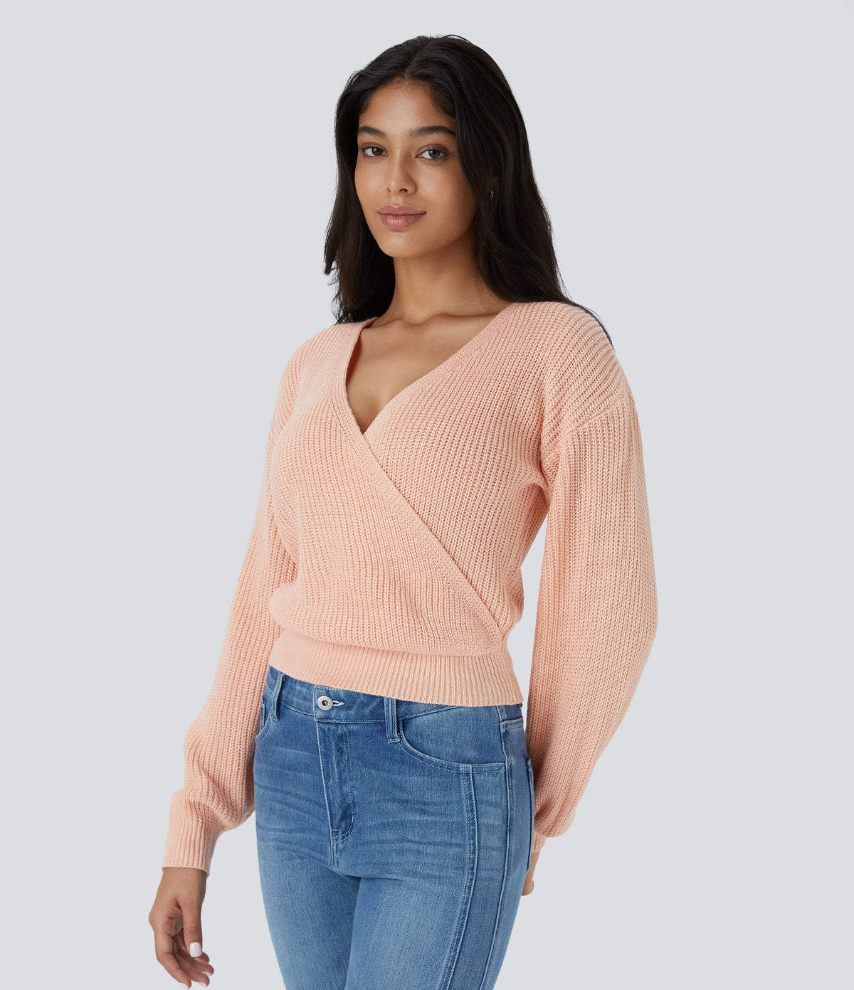 V Neck Dropped Shoulder Long Sleeve Wrapped Relaxed Casual Jumper — Frosty Grapefruit Orange — view 3