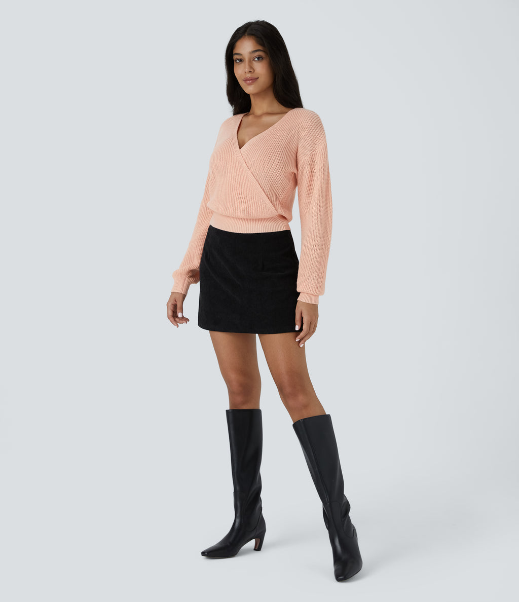 V Neck Dropped Shoulder Long Sleeve Wrapped Relaxed Casual Jumper — Frosty Grapefruit Orange — view 5