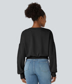 Round Neck Dropped Shoulder Bishop Sleeve Relaxed Casual Sweatshirt — Black — view 2