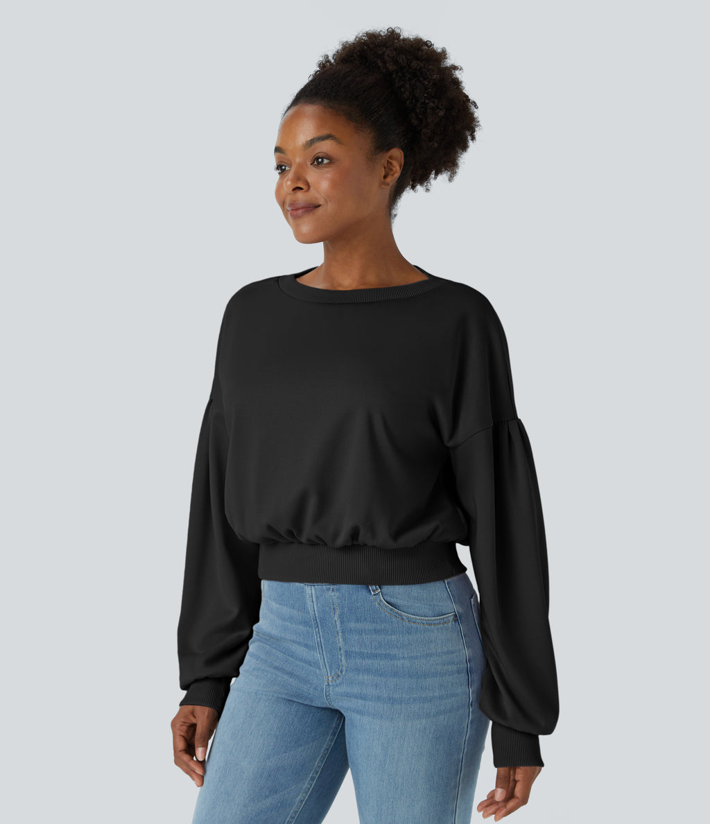 Round Neck Dropped Shoulder Bishop Sleeve Relaxed Casual Sweatshirt — Black — view 1