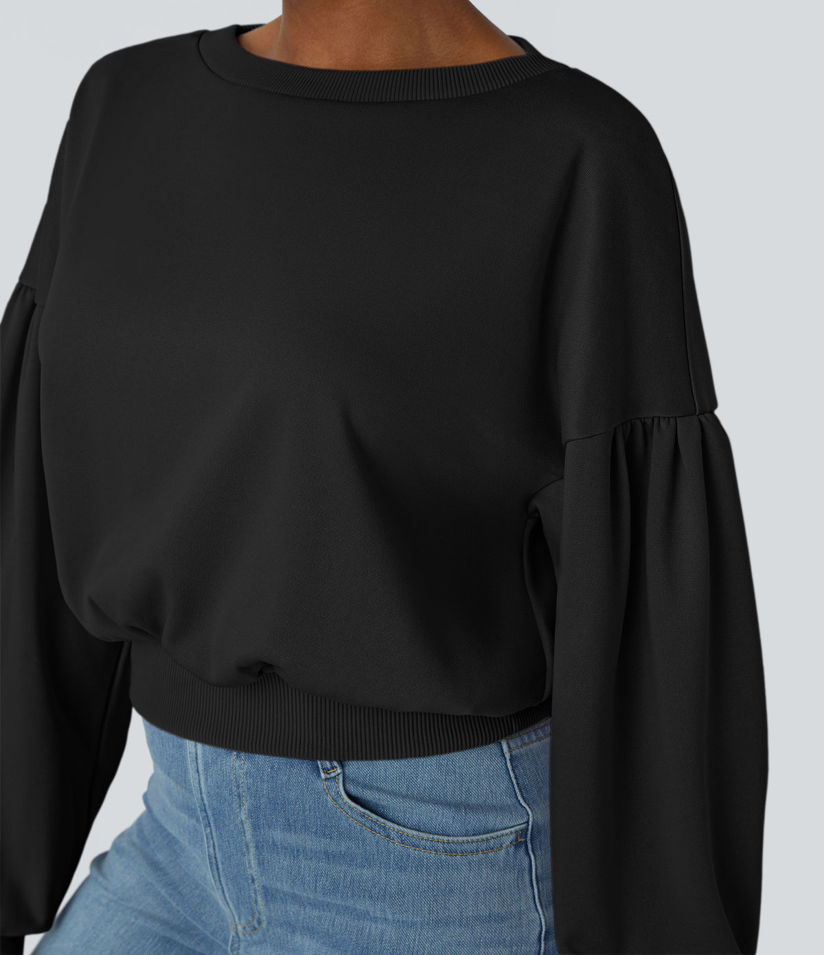 Round Neck Dropped Shoulder Bishop Sleeve Relaxed Casual Sweatshirt — Black — view 5