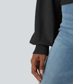 Round Neck Dropped Shoulder Bishop Sleeve Relaxed Casual Sweatshirt — Black — view 6