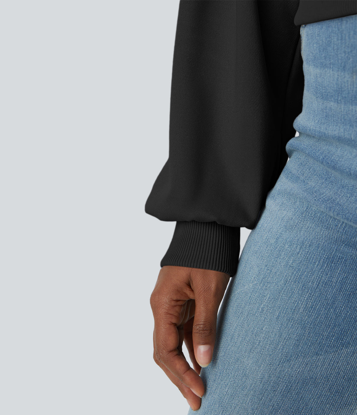 Round Neck Dropped Shoulder Bishop Sleeve Relaxed Casual Sweatshirt — Black — view 6