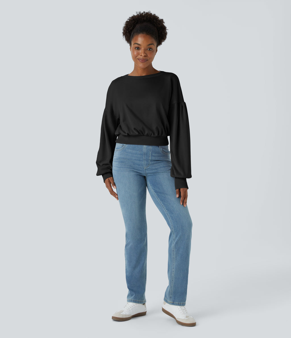 Round Neck Dropped Shoulder Bishop Sleeve Relaxed Casual Sweatshirt — Black — view 7