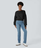 Round Neck Dropped Shoulder Bishop Sleeve Relaxed Casual Sweatshirt — Black — view 7
