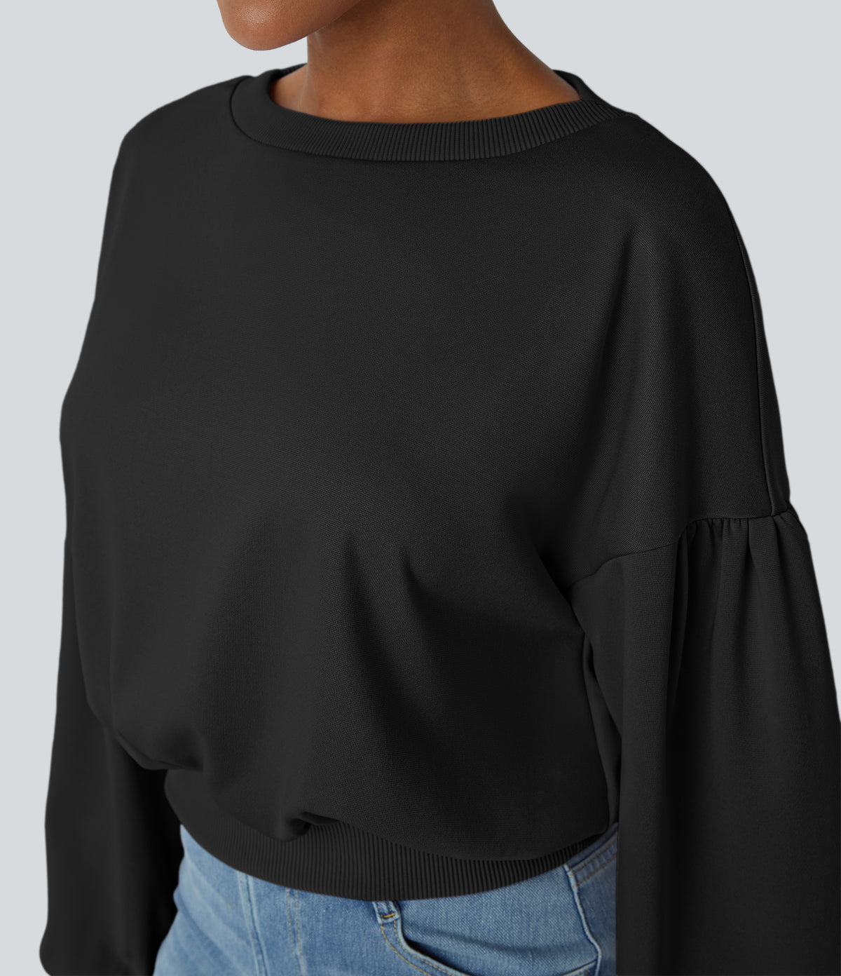 Round Neck Dropped Shoulder Bishop Sleeve Relaxed Casual Sweatshirt — Black — view 4