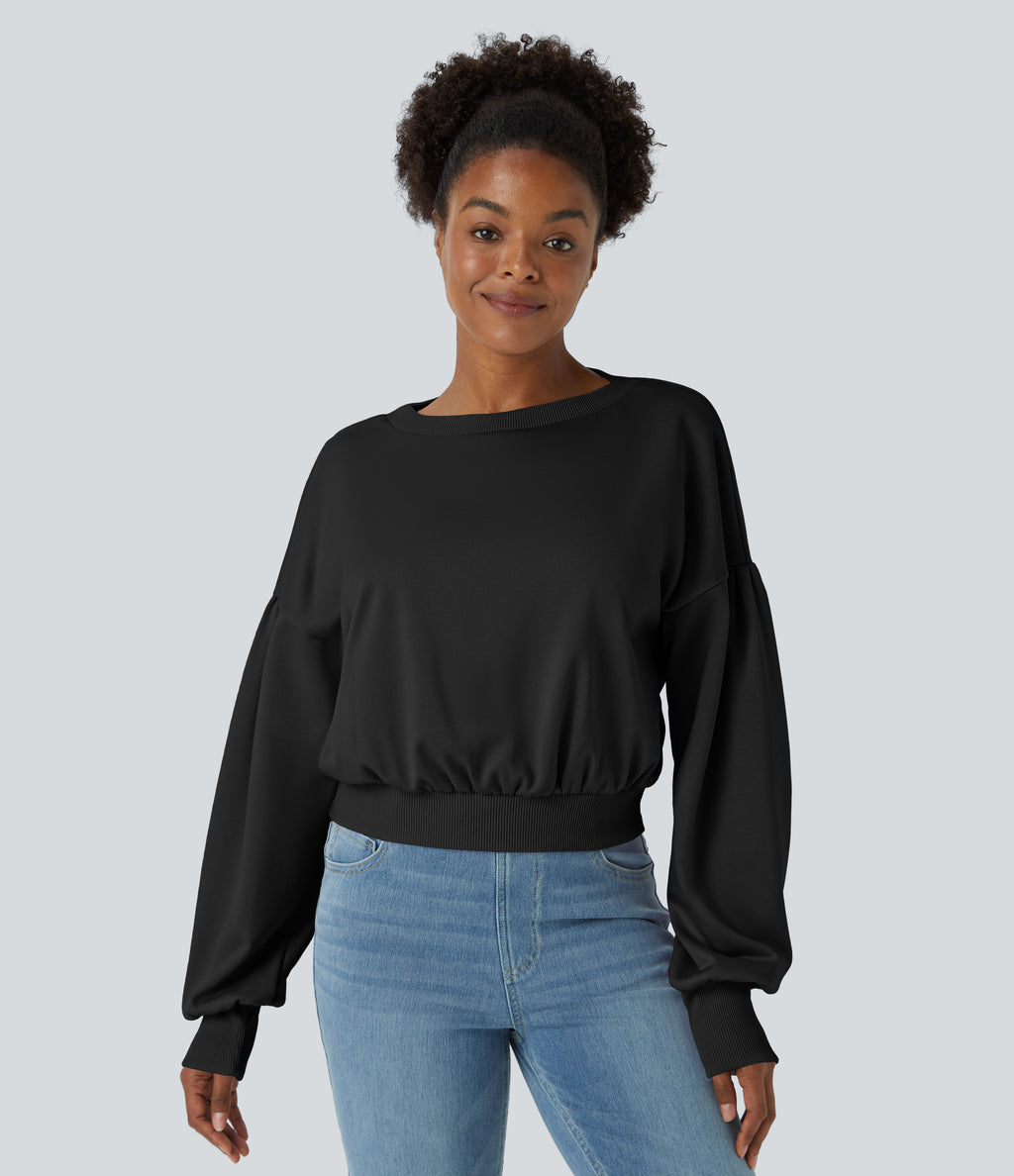 Round Neck Dropped Shoulder Bishop Sleeve Relaxed Casual Sweatshirt — Black — view 3