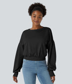 Round Neck Dropped Shoulder Bishop Sleeve Relaxed Casual Sweatshirt — Black — view 3