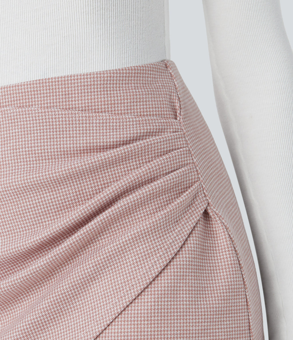 High Waisted Asymmetric Ruched 2-in-1 Houndstooth Mini Work Skirt — Pink Sand Houndstooth — view 5