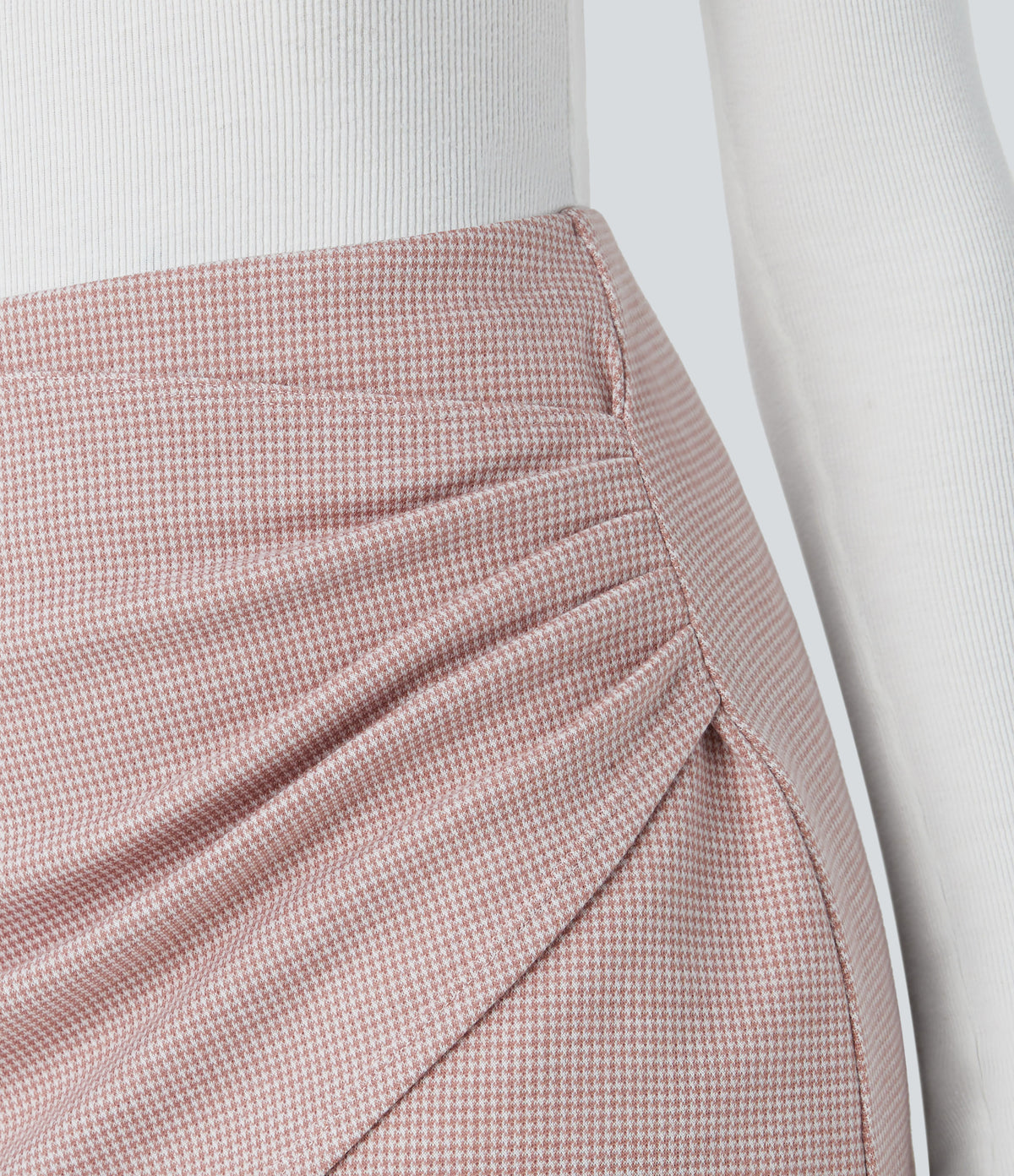 High Waisted Asymmetric Ruched 2-in-1 Houndstooth Mini Work Skirt — Pink Sand Houndstooth — view 5